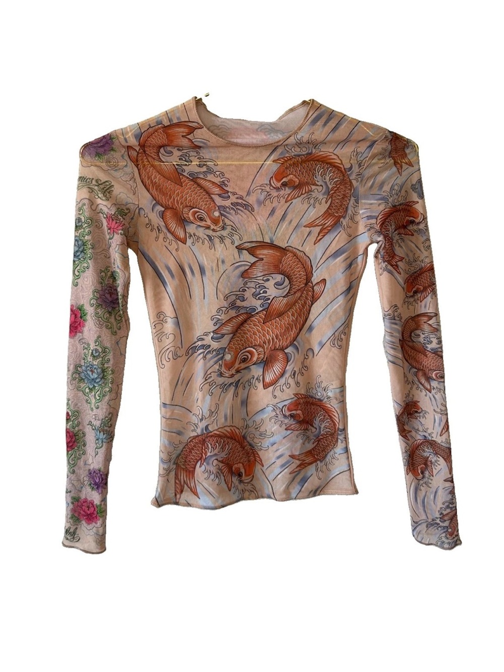 Vintage Y2K Miami Ink Koi Fish Mesh Tattoo Top Sheer Long Sleeve S